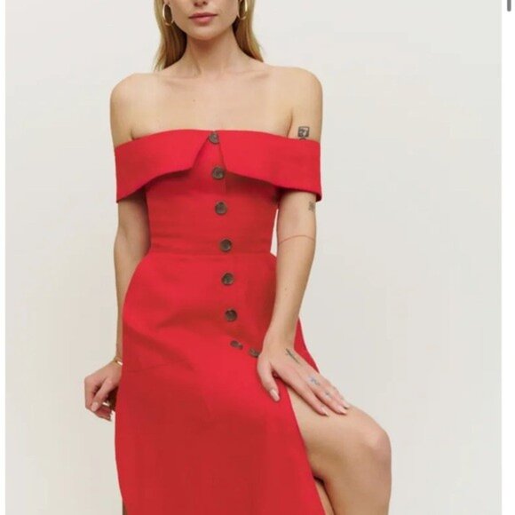 Reformation Red Adriel 100% Linen Midi Dress (0) - Picture 2 of 7